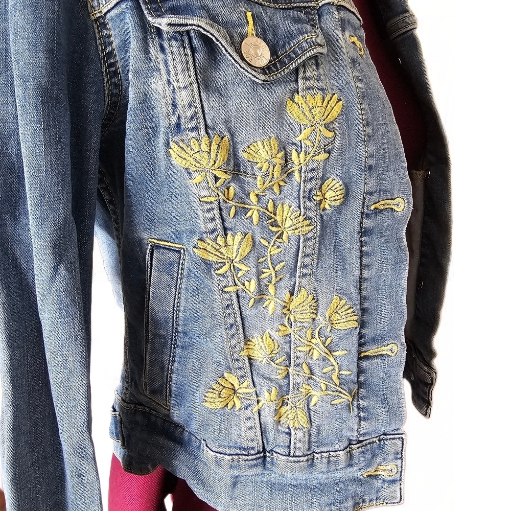 LuLaRoe Blue Jean Jacket with Yellow Floral Embroidery